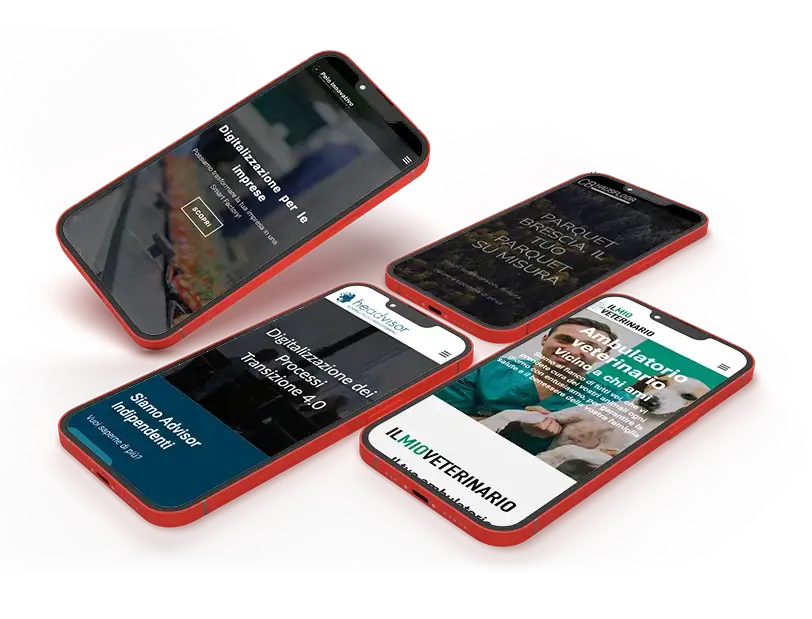 Quattro smartphone con homepage dei website con un progetto di SEO Brescia